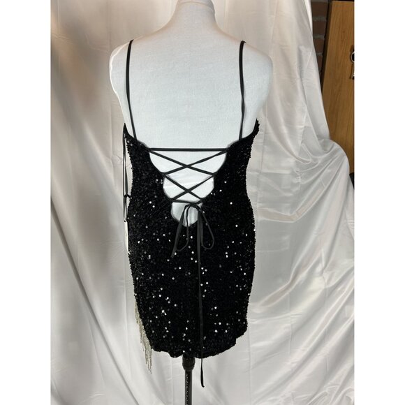 Black Sequined Mini Dress by Alyce Paris, Rhinestone Chains on Hem, Size 14, NWT - Picture 8 of 10